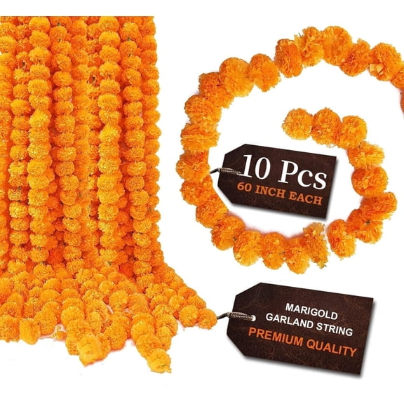 Gamexcel Orange Marigold Garland, 10 Pcs Artificial Flower Garlands for Diwali Decor, Indian Wedding, Pooja and Mantle Decoration