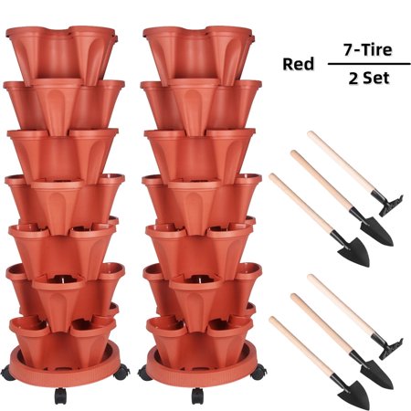 GamexcelRed Polypropylene Stackable Vertical Planter with Wheels Self-Watering, 2 Count