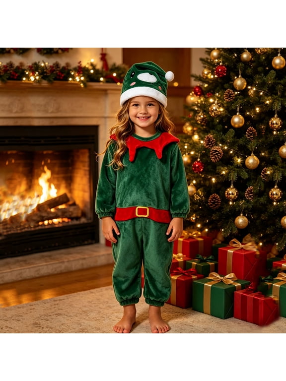 Gamiavst First Christmas Outfit Elf Romper Jumpsuit with Hat Set Fleece Winter Warm Holiday Cosplay Clothes with Hat (Green 3-4Years) for Kids