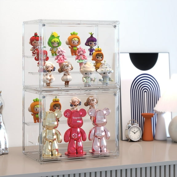 Garmic Acrylic Display Case for Collectibles 3 Layer Adjustable Figure Display Case with Magnetic Door Clear Stackable Display Box for Figures Showcase 2-Pack