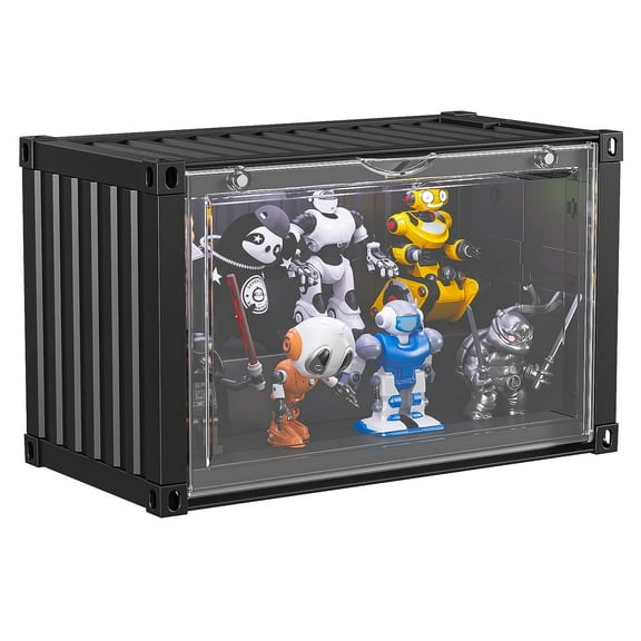 Garmic Display Case for Figures with Voice Control LED Light, Adjustable Display Box with Door Dustproof Stackable Showcase for Collectibles Mini Toys – Black