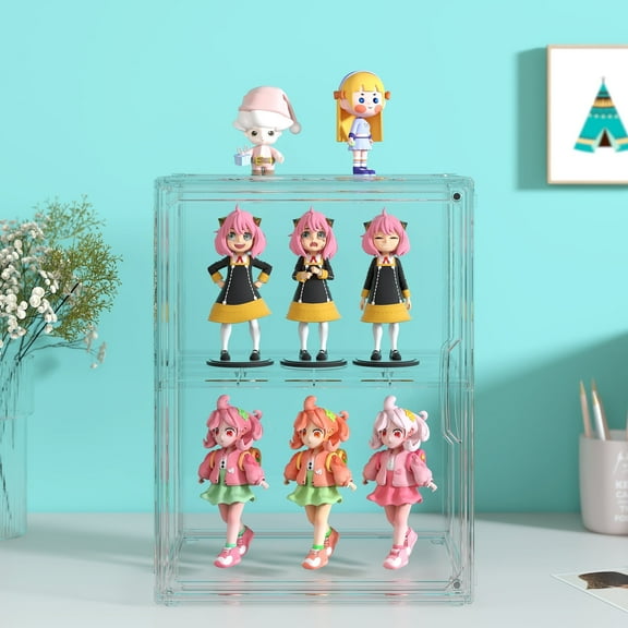 Garmic Large Acrylic Figure Display Case 2 Tier Adjustable Display Case for Collectibles with Magnetic Door Clear Stackable Display Box for Figures Showcase