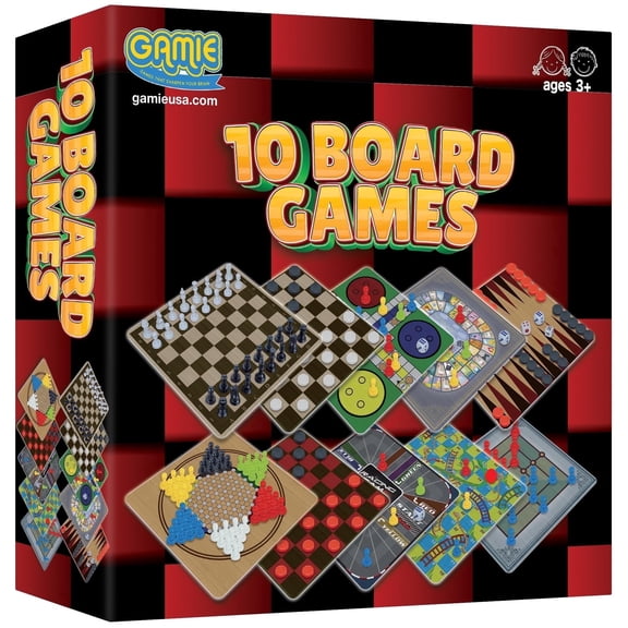 Gamie 10-in-1 Travel Board Game Set Chess, Checkers, Backgammon, Snakes & Ladders & More Family Game for Kids Ages 6+