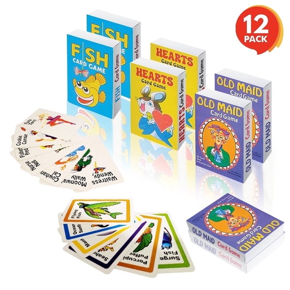 ArtCreativity Classic Playing Card Game Set – 12 Decks, 4 × Hearts, 4 × Go Fish, 4 × Old Maid, Colorful Educational Card Games for Kids