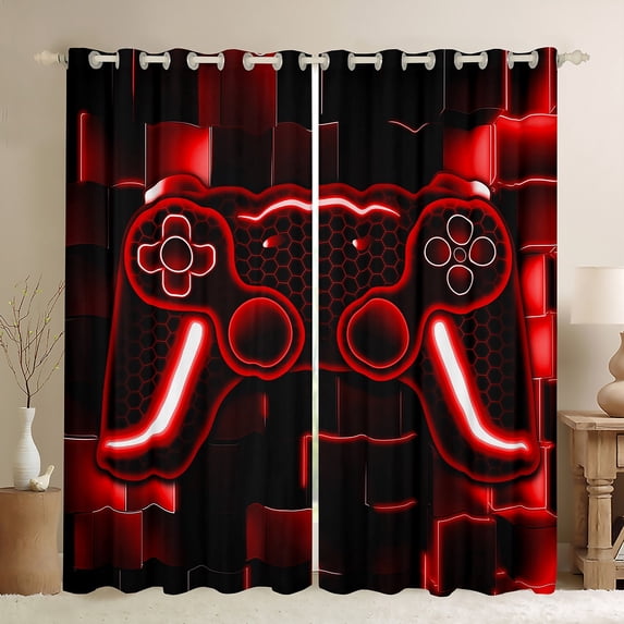 Gaming 42"Wx63"L Curtains & Drapes Game 30%-50% Blackout Curtains Teen Gamer Window Curtains Reversible Game Controller Window Treatments 2 Panels Home Decor,Red Black Ombre Honeycomb