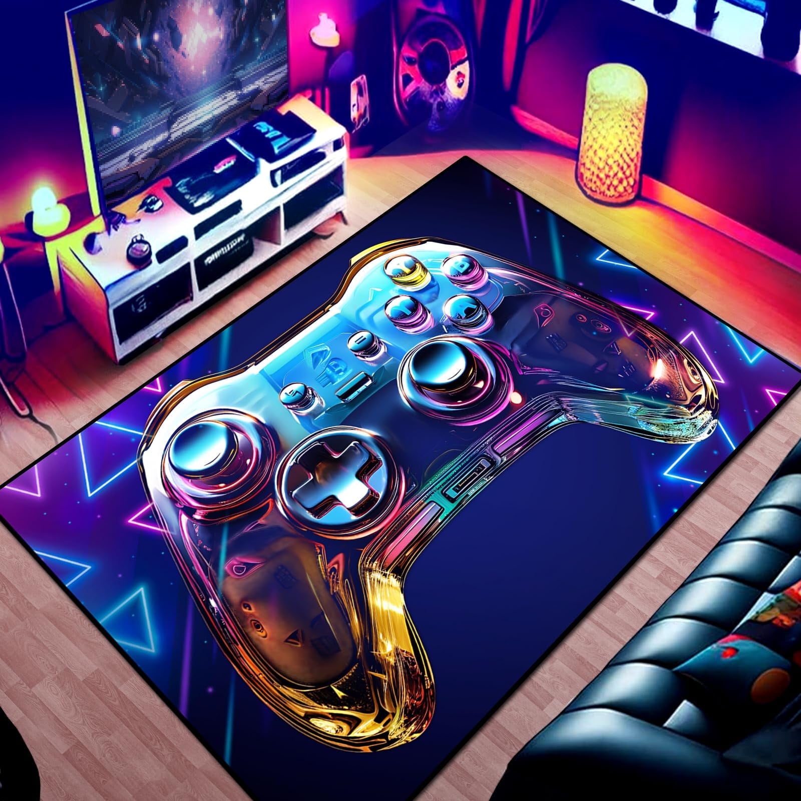 Gaming Rug Boy Gaming Area Rug Teen Boys Carpet, 3D Transparent Crystal Gamepad and ...