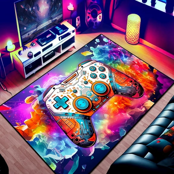 Gaming Area Rug Teen Boys Carpet, Colorful Cool Gamepad and Colorful Bomb Background Game Controller Design for Game Room, Gaming Room, Boys Girls Bedroom Playroom, Living Room (60" x 40")