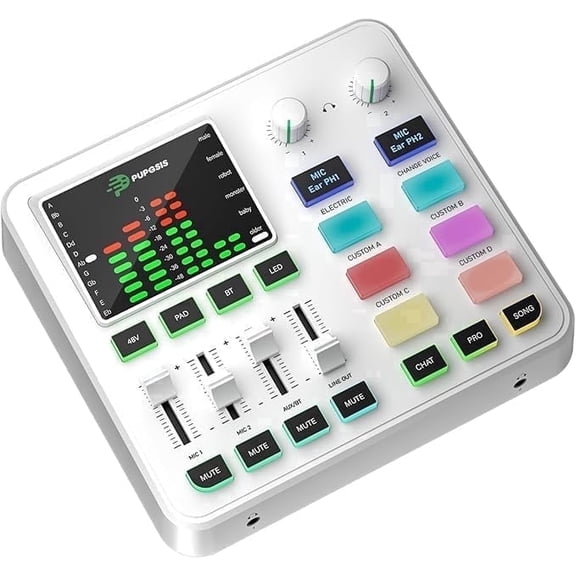 Gaming Audio Mixer, 2 Channel Pc Streaming Sound Card, 3.5mm XLR Mic Input, 48V Phantom Power, Voice Changer, White