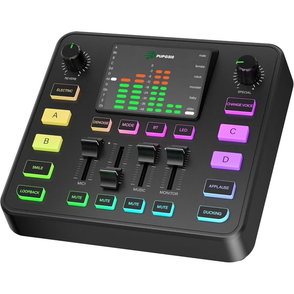 Gaming Audio Mixer, Audio Interface for pc,1/4" TRS Dynamic Mic interface,Sound Board With voice changer, Pro-Preamp, Noise Cancellation, RGB, Bluetooth For Streaming/Podcasting/Gaming