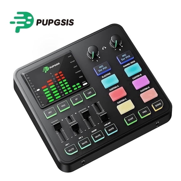 Gaming Audio Mixer, 4 Channel Pc Audio Interface, ABS Sound Card with 1/4 Inch Trs Port, Preamplifier, Noise Reduction, Rgb, Voice Changer, Bluetooth, for Streaming Podcast Gaming