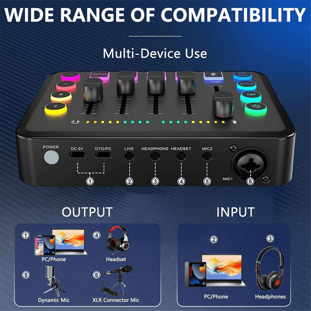 Gaming Audio Mixer, Streaming RGB PC Mixer with XLR Microphone