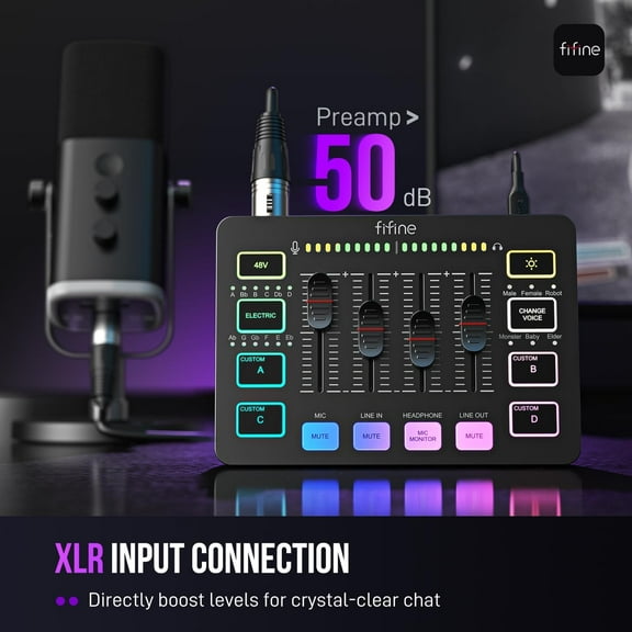 Gaming Audio Mixer with XLR Mic Input, RGB PC Mixer for Streaming Podcast Recording
