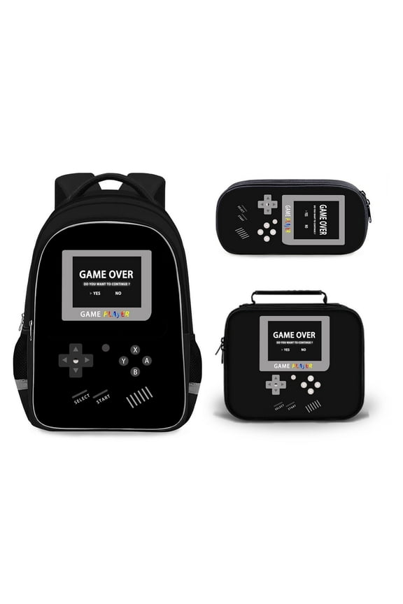 Gaming Backpack 3-in-1 Set with Insulated Lunch Bag and Pencil Case, Padded Adjustable Shoulder Straps, 2 Water Bottle Holders, Nylon, Large 17"