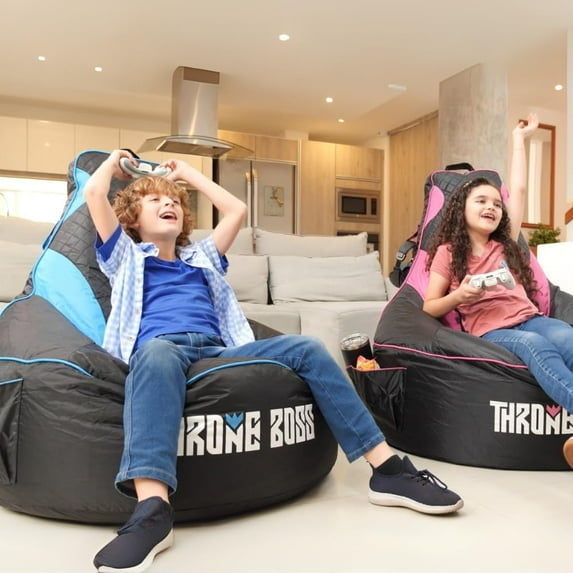 Gaming Bean Bag Chair for Kids with High Back – Floor Gaming Chair, Easy to Clean Oxford 420D Fabric, Large Side Pockets, Headphone Hanger – Cover ONLY Add 200 Liters Beans (Blue)