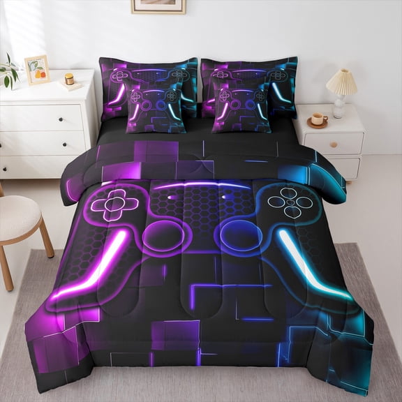 Gaming Bed In A Bag Teen Game Twin Comforter Set 7 Piece Gamer Bedding Set Gamepad Home Decor For Sheet Set With Comforter Purple Blue Hexagon