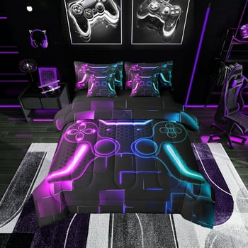 Gaming Bed In A Bag Teen Game Twin Comforter Set 7 Piece Gamer Bedding Set Gamepad Home Decor For Sheet Set With Comforter Purple Blue Hexagon