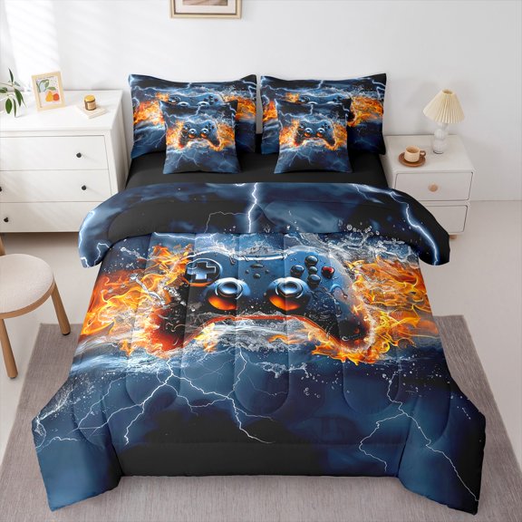 Gaming Bed in a Bag Twin 7 Pcs Teen Video Game Bedding Sets Water and Fire Lightning Comforter Set with Sheets Cool Gamer Room Decor Bed Set Teen 3D Gamepad Sheet Set