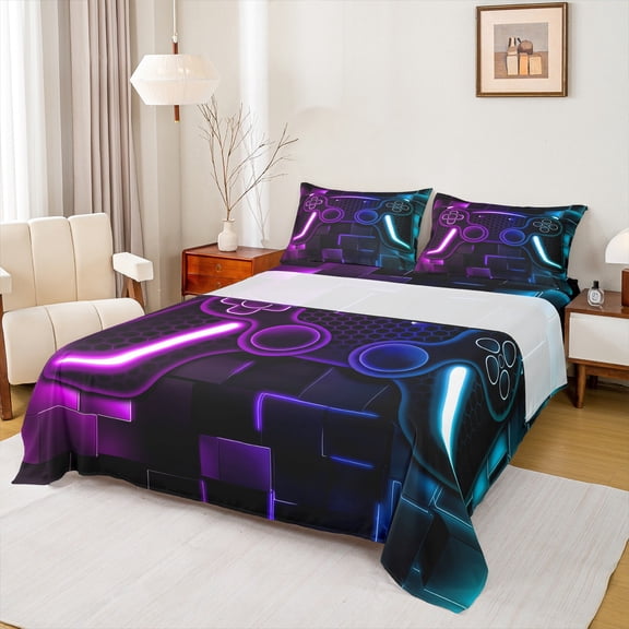 Gaming Bed Sheets For Boys Teen Game Sheet Set For Kids Gamer Bedding Set Gamepad Home Decor For Bedding Sheet Set Twin Size,Bed Sheet Set Purple Blue Hexagon