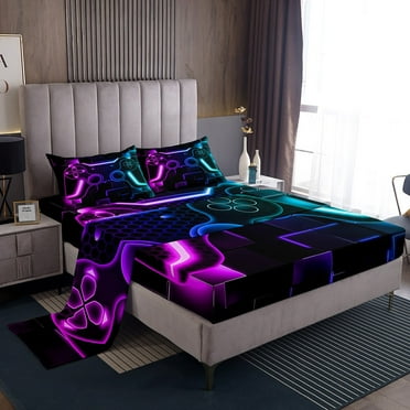 Gaming Bed Sheets For Boys Teen Game Sheet Set For Kids Gamer Bedding Set Gamepad Home Decor For Bedding Sheet Set Twin Size,Bed Sheet Set Purple Blue Hexagon