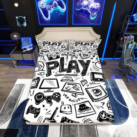 Gaming Bed Sheets Set Full,Boys Gamer Sheet Set For Kids Boys Girls,Gamepad Video Games Sheets Black White Graffiti Flat Fitted Sheet