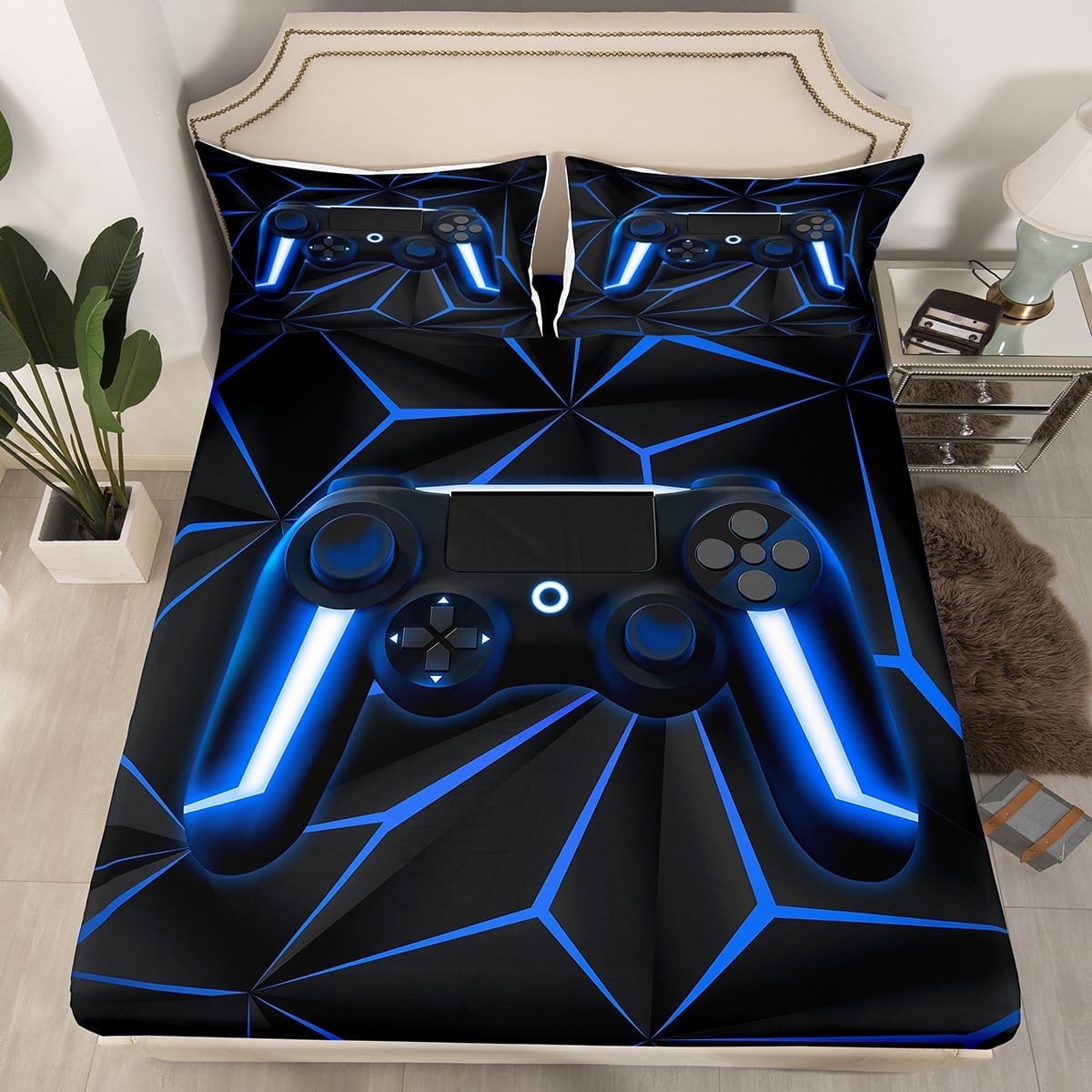 gaming-bed-sheets-video-game-gamer-console-fitted-sheet-black-and-blue