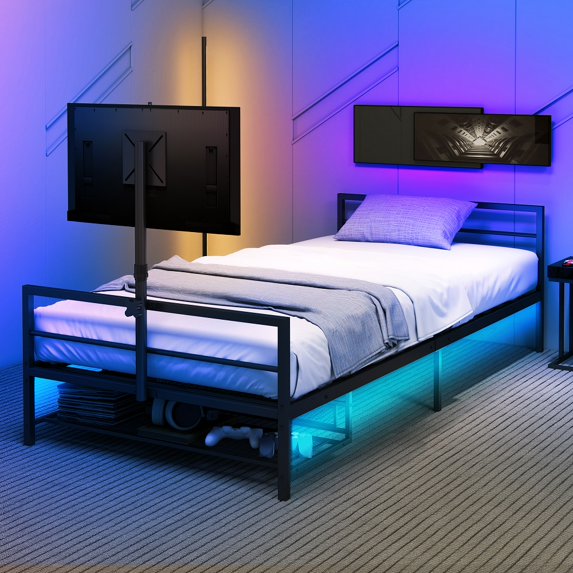 Gaming Bed With Rotating TV Mount And Metal Mesh Frame,Vented Console ...
