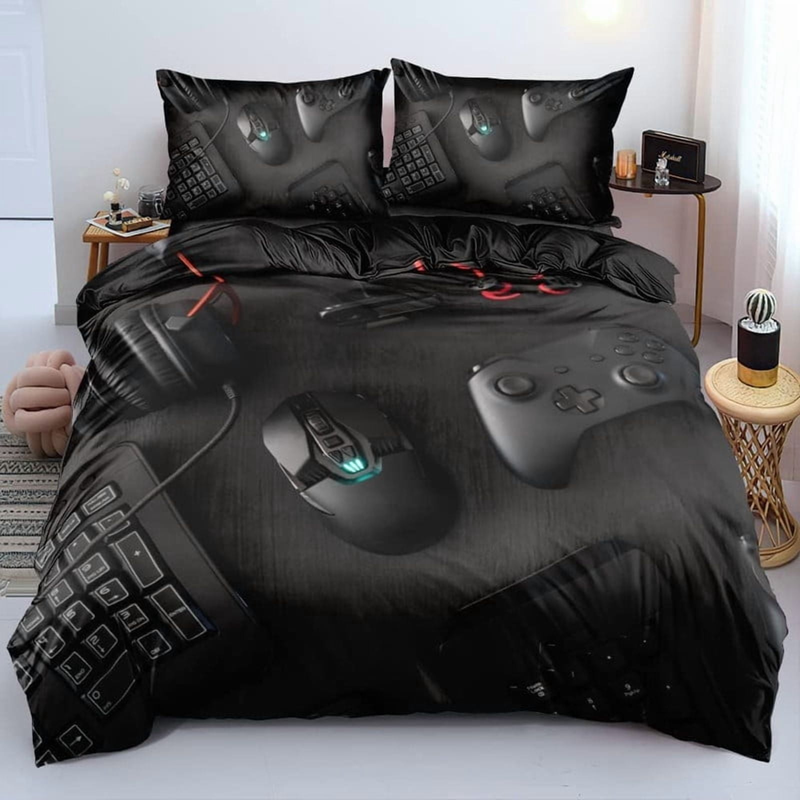Gaming Bedding Set 3-Piece - Modern Video Game Controller Comforter Cover with Pillow Shams, Cool Gamer Room Decor for Boys Teens (Red/Black/White) - Duvet Cover for Xbox, PS5, PC Gamers
