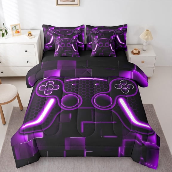 Gaming Bedding Set Teen Game Twin Comforter Set 7 Piece Gamer Bed In A Bag With Sheets For All Season,Gamepad Home Decor For Bed Set Purple Black,Fluffy