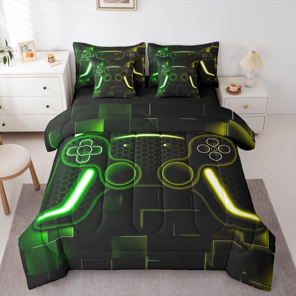 Gaming Bedding Set Yellow Green Gamer Bed In A Bag With Sheets Teen Bedroom Set,Cool Video Game Black Full Comforter Set 7 Piece,Geometric Checkered Bed Set