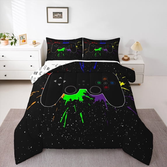Gaming Bedding Set Full Size Gamer Comforter Set Teens Soft Microfiber Colorful Video Game Bedding Decorative Black Gamepad Tie Dye Pattern Design With 2 Pillow Shams