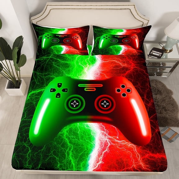 Gaming Bedding Set Full Size Gamer Fitted Sheet,Red and Green Lightning Bed Set Video Game Gamepad Bottom Sheets Gaming Room Decor 3Pcs (No Flat Sheet)(No Top Sheet)