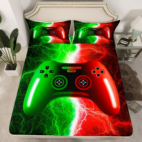 Gaming Bedding Set Full Size Gamer Fitted&nbsp;Sheet,Red and Green Lightning Bed Set Video Game Gamepad Bottom Sheets Gaming Room Decor 3Pcs (No Flat Sheet)(No Top Sheet)