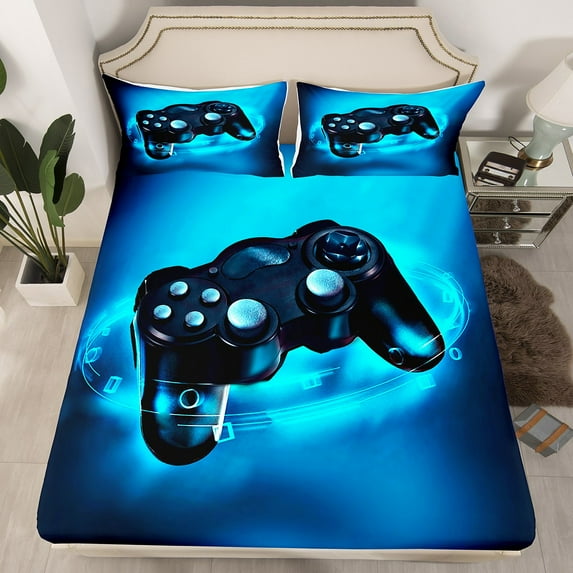 Gaming Bedding Set Bed Sheet Set Twin Size Soft Microfiber Gamer Console Video Game Fitted Sheet Teens Game Room Decor Bed Cover with 1 Pillow Case (Flat Sheet not Included)