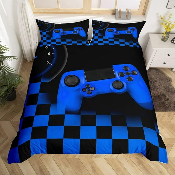 Gaming Bedding Set King Size Game Comforter Cover Teens Soft Blue Modern Buttons Video Game Duvet Cover Gamer Room Decorative 3 Piece Quilt Cover with 2 Pillow Shams (No Comforter)