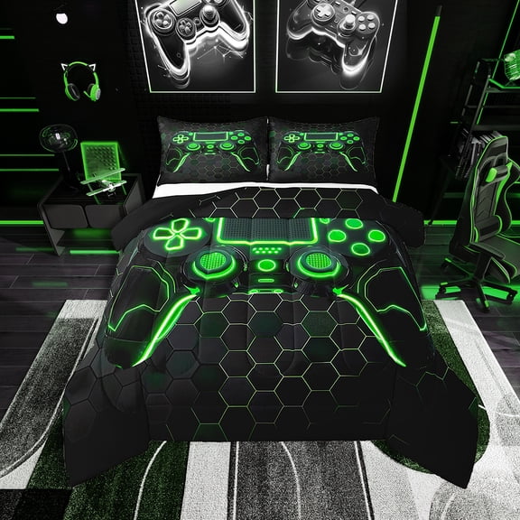 Gaming Bedding Set Twin for Boys Gamer Comforter Set Teens Game Console Bedding Comforter Sets 3D Green Gamepad Gaming Duvet Insert Geometry Honeycomb Print Quilt