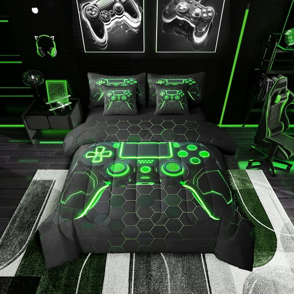 Gaming Bedding Sets 7 Pcs Twin Gamer Bed in a Bag Teens Game Console Comforter Set with Sheets 3D Green Gamepad Gaming Bed Set Geometry Honeycomb Print Sheet Set