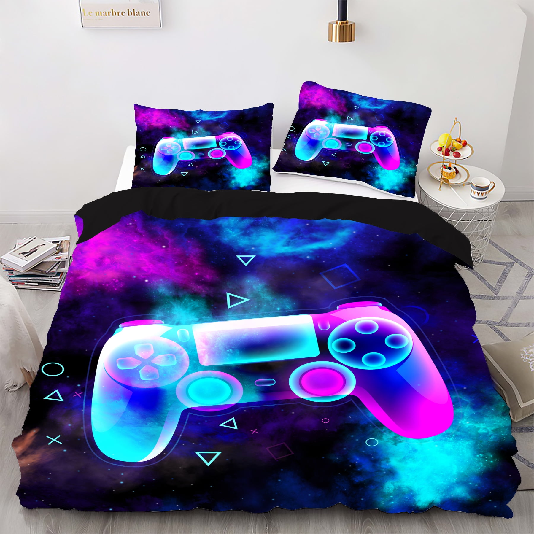Gamer Bedding Set For Boys - Full Size Comforter With Gamepad Design, Dark Blue Foggy Print, Reversible Quilt 3-Piece Set