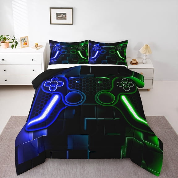 Gaming Bedding Sets,Gamer Comforter Sets Teen Cool Video Game Black Quilt Bedding Set,3D Gaming Geometric Lightweight Microfiber Duvet Insert(Blue Green Black,Full)
