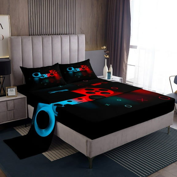 Gaming Bedding Sets Gamer Sheet Set Queen,Blue Red Gamepad Bed Sheets Men Video Games Fitted Sheet For Teen Game Room Decor Black Classic Retro Gaming Flat Sheet 2 Pillowcases