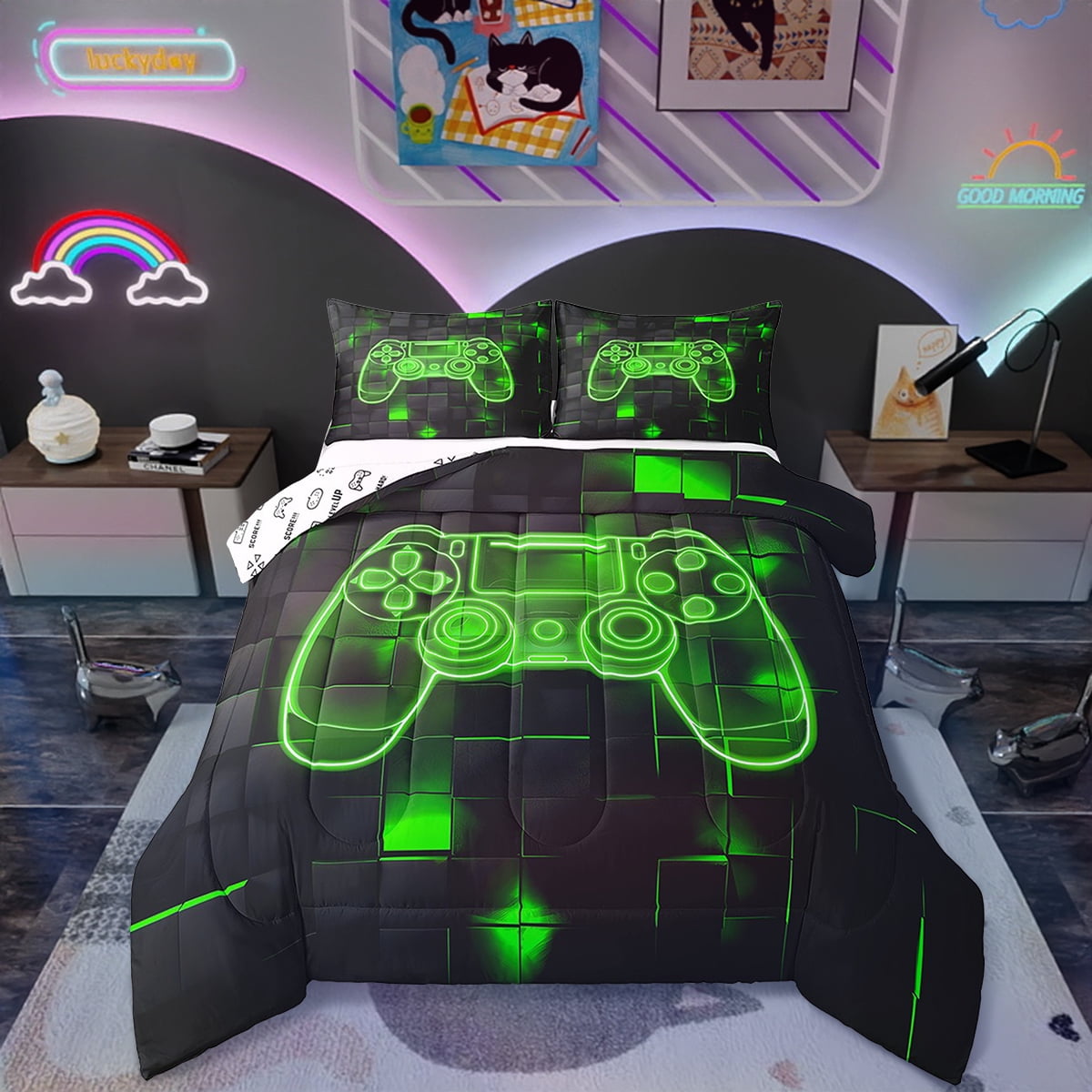 Gaming Bedding Sets Queen, Gamer Comforter Video Game Console Comforter Set For Teen Men Room ...