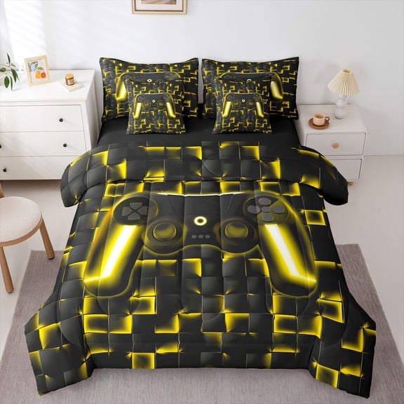 Gaming Bedding Twin 7pcs, Gradient Yellow Comforter Set, Black Reversible, Bedroom Decor for Teen