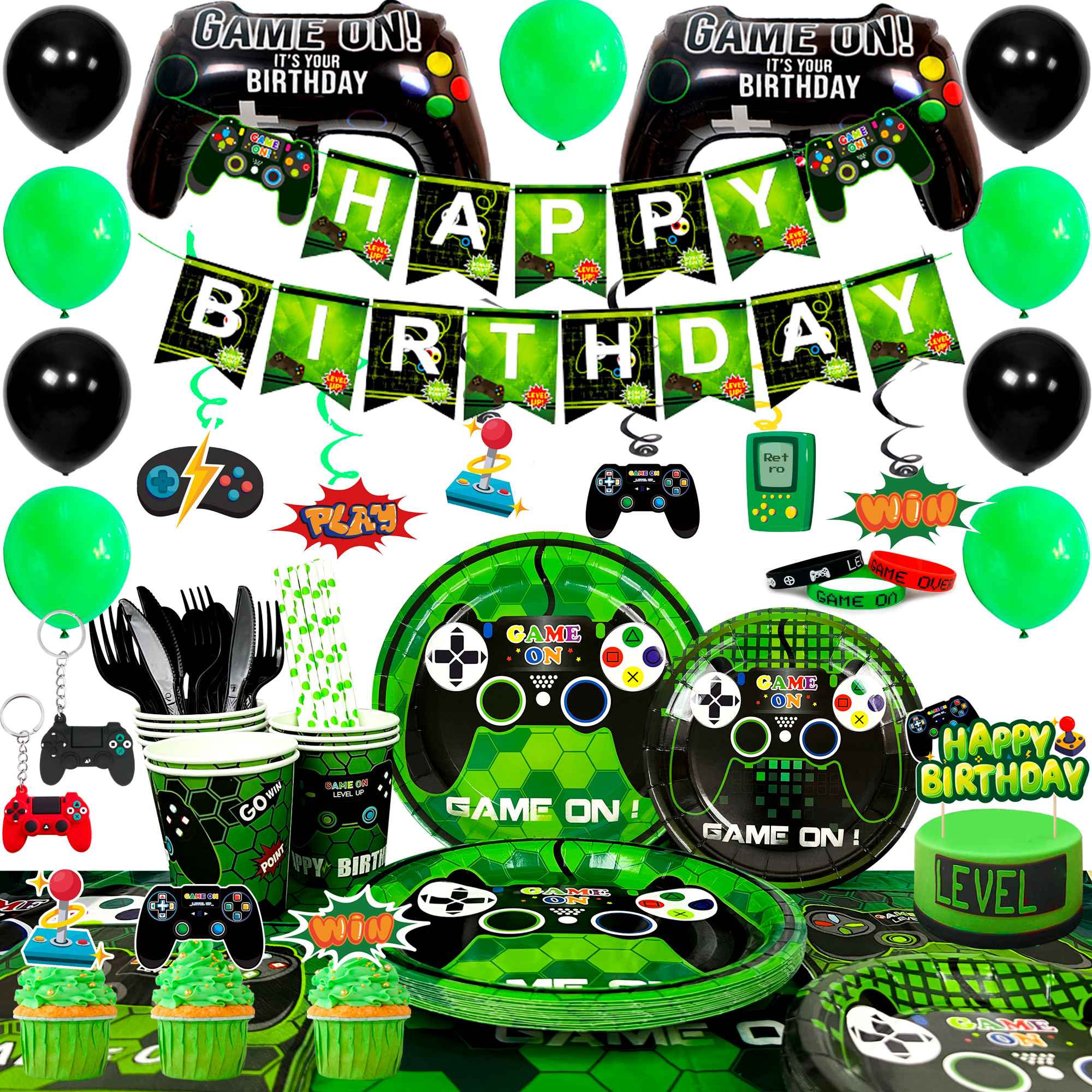 Gaming Birthday Party Supplies,Video Game Party Decorations&Tableware Set - Gaming Decorations Plates Cups Tablecloth Balloons Banner Cake Topper for Boys