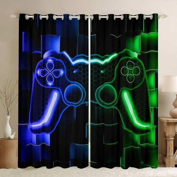 Gaming 30%-50% Blackout Curtains,Gamer Curtains & Drapes Cool Video Game Black Window Curtains,3D Gaming Geometric Polyester Curtains(Blue Green Black,38"Wx45"L)