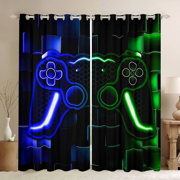 Gaming 30%-50% Blackout Curtains,Gamer Curtains & Drapes Cool Video Game Black Window Curtains,3D Gaming Geometric Polyester Curtains(Blue Green Black,38"Wx45"L)