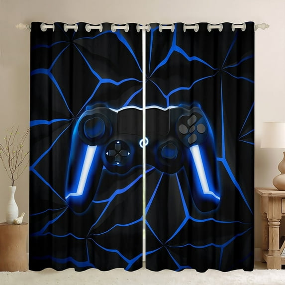 Gaming 30%-50% Blackout Curtains Video Game Gamer Console Curtains Black And Blue Gaming Curtains & Drapes, Gamer Gamepad Controller Window Curtains 38Wx45L