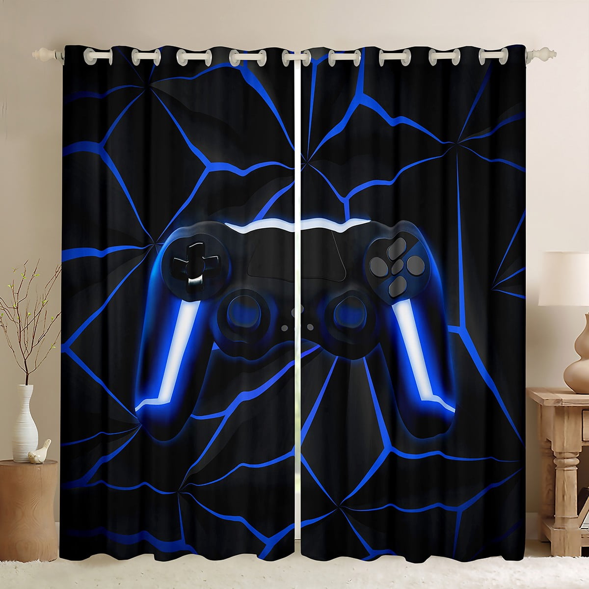 Gaming 30%-50% Blackout Curtains Video Game Gamer Console Curtains Black And Blue Gaming Curtains & Drapes, Gamer Gamepad Controller Window Curtains 38Wx45L
