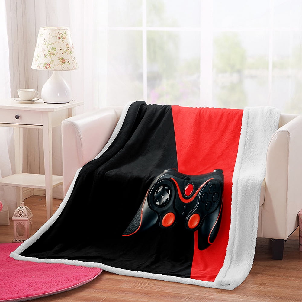 Gaming Blanket for Boys Kids Teens Fleece Cozy Game Throw Blanket Soft Gamer Blanket Gamer Gifts for Men Red and Black