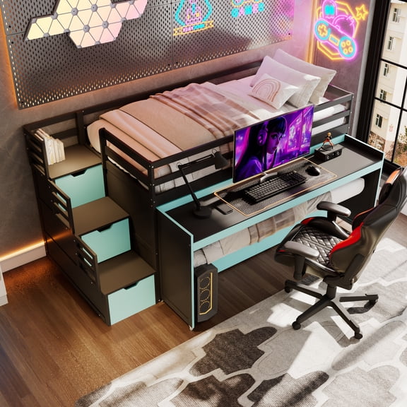 Gaming Bunk Bed with Ample Storage & Sturdy Build, Frame Black & Blue s an ingenious divided zoning design under the bed