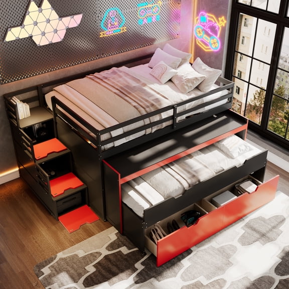 Gaming Bunk Bed with Ample Storage & Sturdy Build, Frame Black & Red s an ingenious divided zoning design under the bed