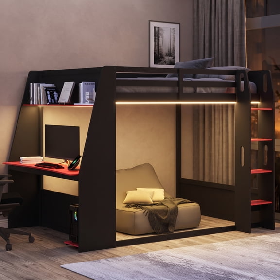 Gaming Bunk Bed with LED-Lit & Sturdy Build, Solid Wood Frame Built for Everyday Comfort & Style Full Size Wooden Gaming